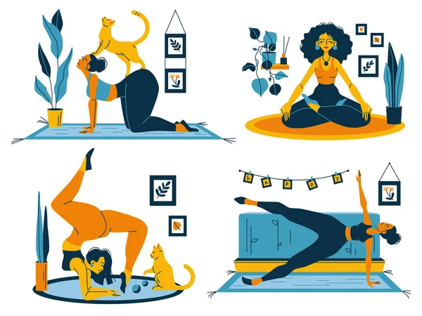 Set of yoga poses illustration. Young women doing yoga exercises with cat. Vector illustration with meditation girls.