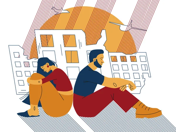 Ukrainian man and woman sitting near destroyed buildings. War vector illustration. 