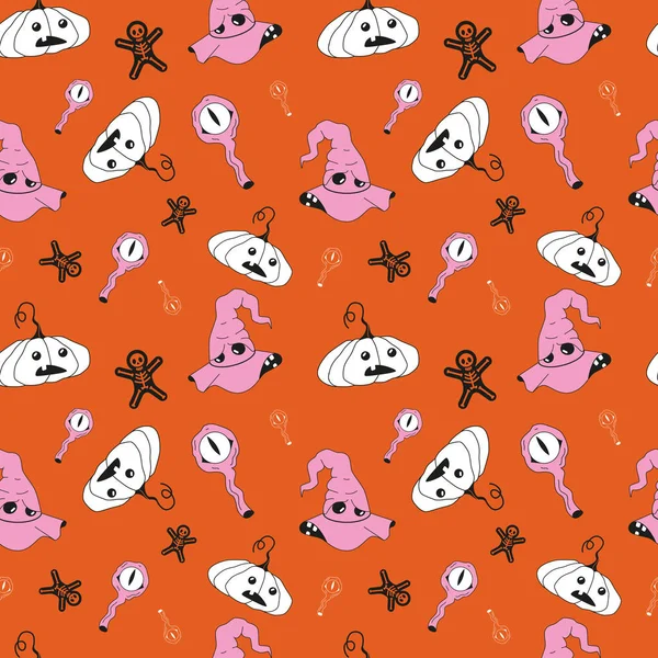 Seamless vector Halloween pattern with hand drawn elements on orange background. Print with pumpkins, wizard hats,gingermans and eyes for halloween holidays events. 
