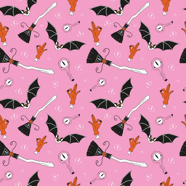 Seamless vector Halloween pattern with hand drawn elements on pink background. Print with bats, broomsticks, zombie hands and eyes for halloween holidays events. 