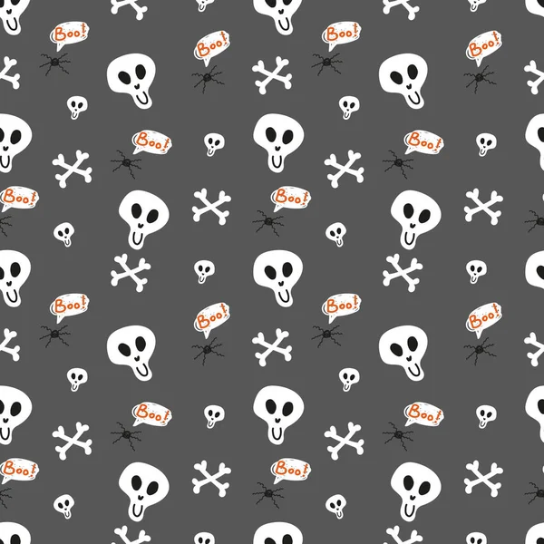 Seamless vector Halloween pattern with hand drawn elements on grey background. Print with skull, bones and spider for halloween holidays events. 