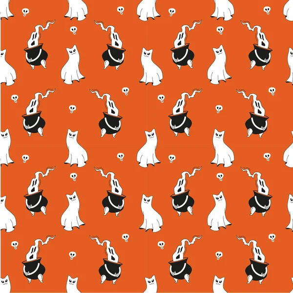 Seamless vector Halloween pattern with hand drawn elements on orange background. Print with cat ghost, skull and cauldron for halloween holidays events. 