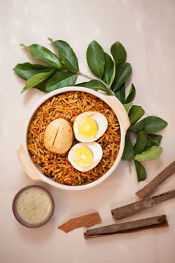 Egg Briyani, Indian food, Bowls, and plates with Indian food top view