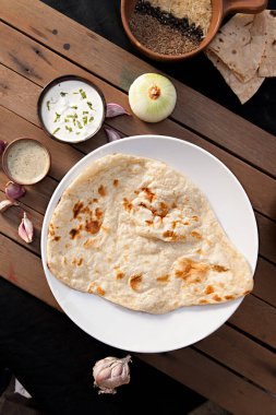 Plain Naan,  Indian food, Bowls and plates with indian food top view, spice