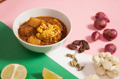 Fish Curry, Indian food, Bowls and plates with indian food top view