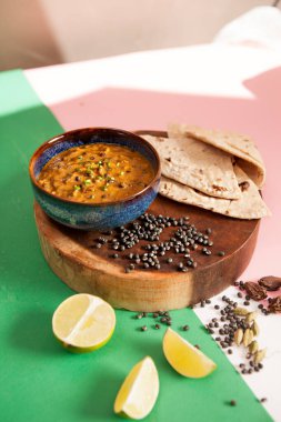 Masala,Plain Naan, Indian food, Bowls, and plates with Indian food top view
