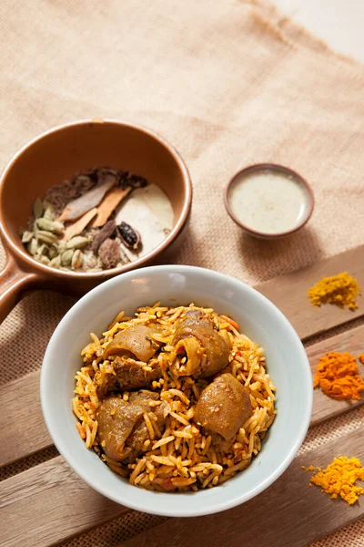 Mutton Masala Briyani Indian Food Bowls Plates Indian Food Top — Stock Fotó