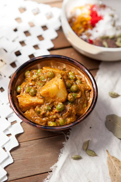 Chicken Keema Indian Food Bowls Plates Indian Food Top View — Stockfoto