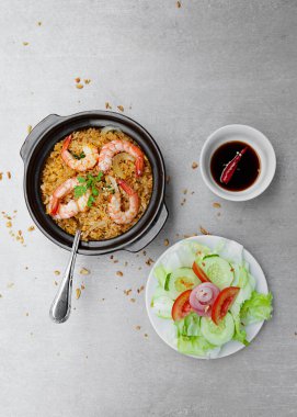 Com Nieu VietNam seafood, salad, bowls, and plates with food top view  