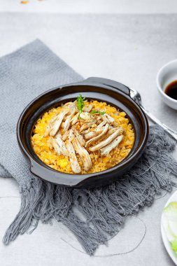 Com Nieu VietNam shredded chicken, salad, bowls, and plates with food top view  