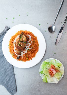 Vietnamese Chicken Fat Rice, salad, bowls, and plates with food top view  