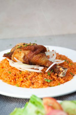 Vietnamese Chicken Fat Rice, salad, bowls, and plates with food top view  