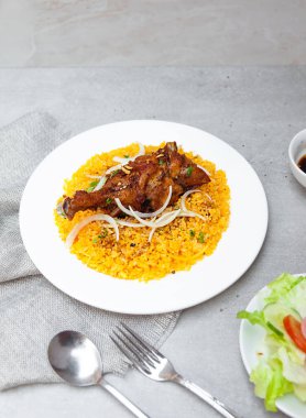 Vietnamese Chicken Fat Rice, salad, bowls, and plates with food top view  