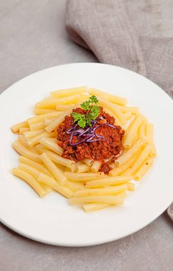Pasta tomato sauce, owls, and plates with food top view