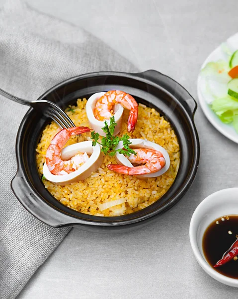 Com Nieu VietNam seafood, salad, bowls, and plates with food top view  