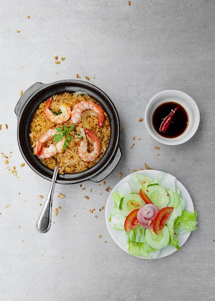 Com Nieu VietNam seafood, salad, bowls, and plates with food top view  