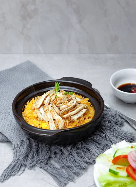 Com Nieu VietNam shredded chicken, salad, bowls, and plates with food top view  