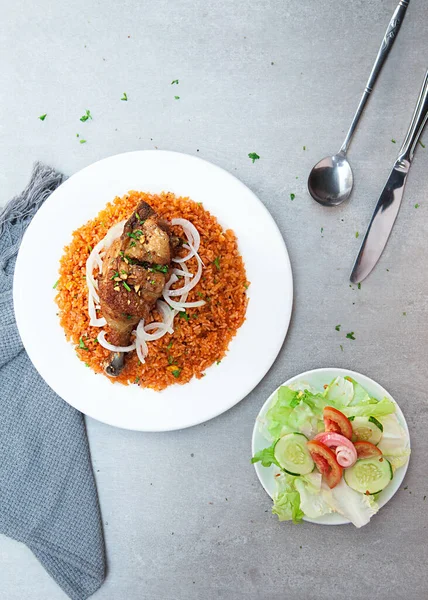 Vietnamese Chicken Fat Rice, salad, bowls, and plates with food top view  