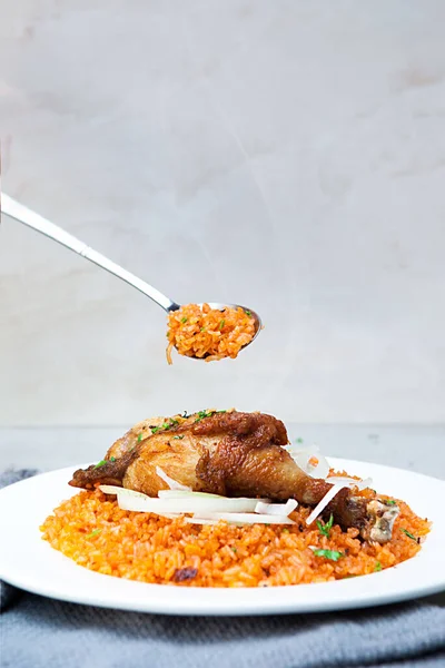 Vietnamese Chicken Fat Rice, salad, bowls, and plates with food top view  