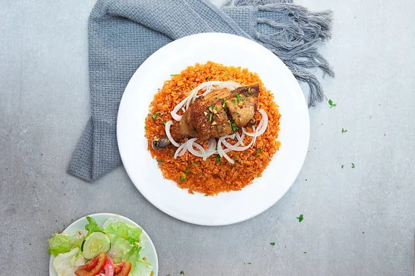 Vietnamese Chicken Fat Rice, salad, bowls, and plates with food top view  