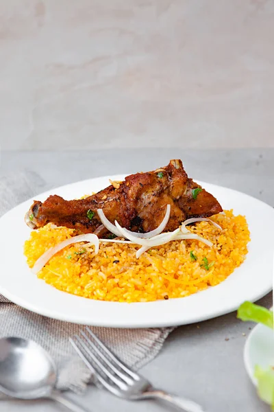 Vietnamese Chicken Fat Rice, salad, bowls, and plates with food top view  