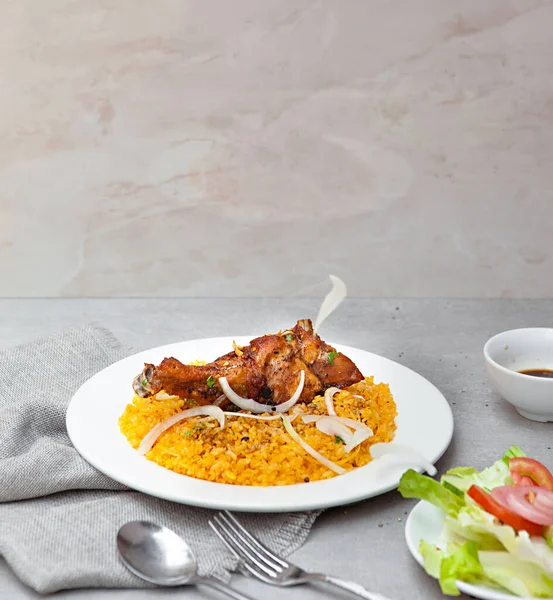 Vietnamese Chicken Fat Rice, salad, bowls, and plates with food top view  