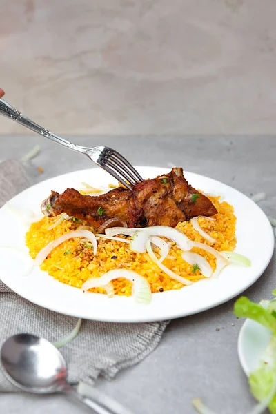 Vietnamese Chicken Fat Rice, salad, bowls, and plates with food top view  