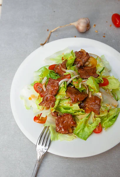 Vietnamese Salad Shaking Beef Bowls Plates Food Top View — Stockfoto