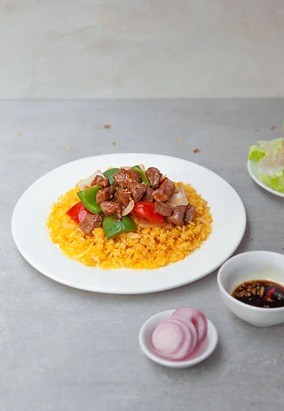 Vietnamese Shaking Beef Salad Bowls Plates Food Top View — Stock Fotó