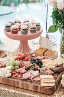 Basket of roses on the table at the party