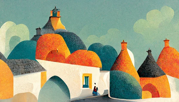 Storybook illustration,   Alberobello, Italy
