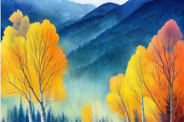 Desenho Obra Arte Ilustração Pacífica Natural Fabulosa Paisagem Aquarela Montanhas — Fotografia de Stock