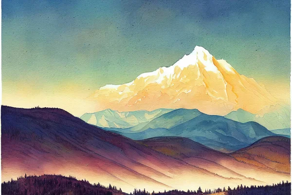 Desenho Obra Arte Ilustração Pacífica Natural Fabulosa Paisagem Aquarela Montanhas — Fotografia de Stock