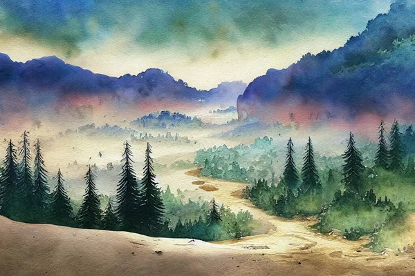 Doğal Barışçıl Illüstrasyonun Çizimi Dağların Çiçeklerin Ağaçların Nehirlerin Çimlerin Gökyüzünün — Stok fotoğraf