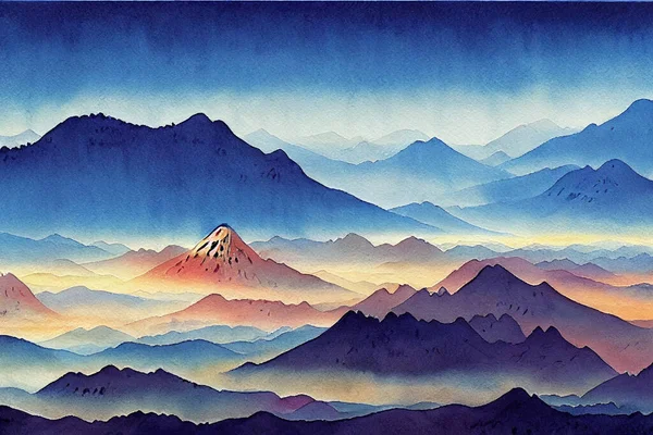 Desenho Obra Arte Ilustração Pacífica Natural Fabulosa Paisagem Aquarela Montanhas — Fotografia de Stock