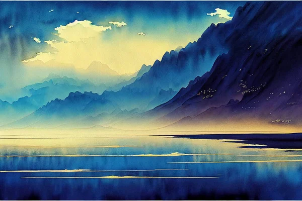 Desenho Obra Arte Ilustração Pacífica Natural Fabulosa Paisagem Aquarela Montanhas — Fotografia de Stock