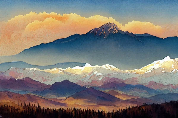 Esbozo Obra Arte Ilustración Natural Pacífica Fabuloso Paisaje Acuarela Montañas — Foto de Stock