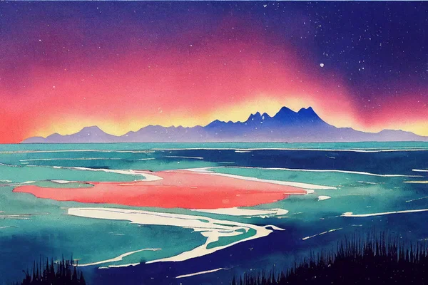 Desenho Obra Arte Ilustração Pacífica Natural Fabulosa Paisagem Aquarela Montanhas — Fotografia de Stock