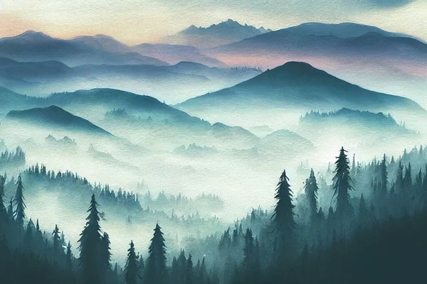 Desenho Obra Arte Ilustração Pacífica Natural Fabulosa Paisagem Aquarela Montanhas — Fotografia de Stock