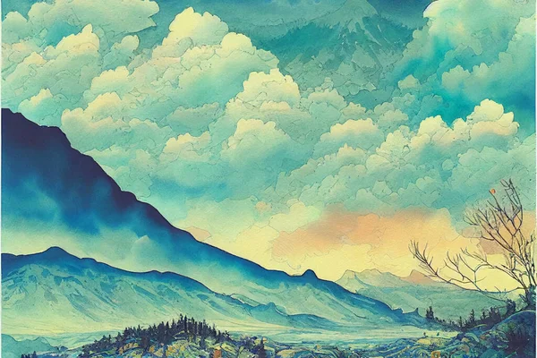Szkic Graficzny Naturalnego Pokojowego Ilustracji Wspaniały Akwarelowy Krajobraz Gór Kwiatów — Zdjęcie stockowe