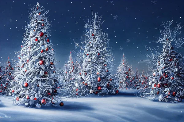 Weihnachten Landschaft Aquarell Banner Schnee Fallen Und Schneeflocken Fußzeile Hintergrund — Stockfoto