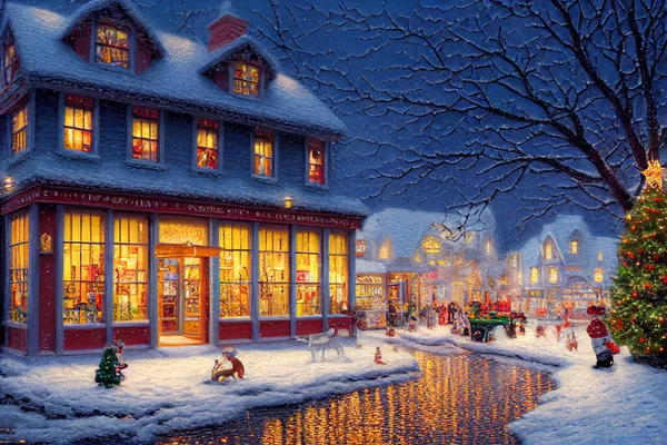 クリスマス風景水彩バナー 雪の落下や雪のフッタの背景 メリークリスマスの夜の壁紙 ヴィンテージクリスマスの町 クリスマスポスター ウェブサイト — ストック写真