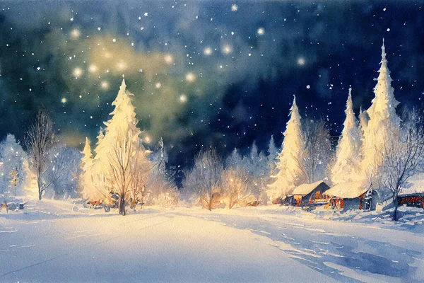 Paisaje Navidad Banner Acuarela Nieve Cayendo Copos Nieve Pie Página — Foto de Stock