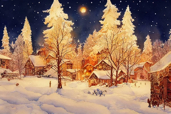 Jul Landskab Akvarel Banner Sne Falder Snefnug Sidefod Baggrund Glædelig - Stock-foto