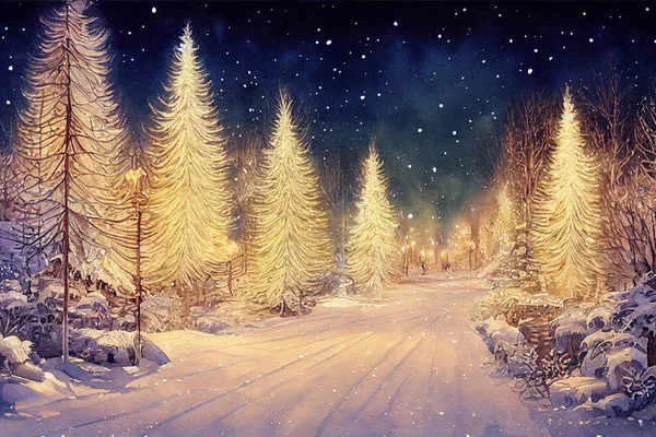 Jul Landskab Akvarel Banner Sne Falder Snefnug Sidefod Baggrund Glædelig - Stock-foto