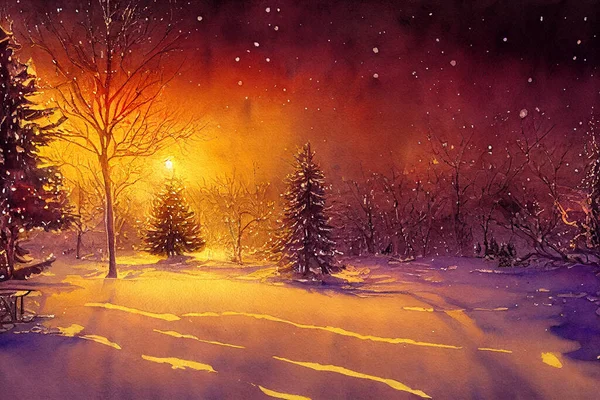Weihnachten Landschaft Aquarell Banner Schnee Fallen Und Schneeflocken Fußzeile Hintergrund — Stockfoto