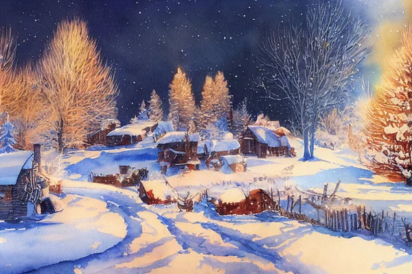 Χριστουγεννιάτικο Τοπίο Υδατογραφία Πανό Πτώση Χιονιού Και Νιφάδες Χιονιού Φόντο — Φωτογραφία Αρχείου