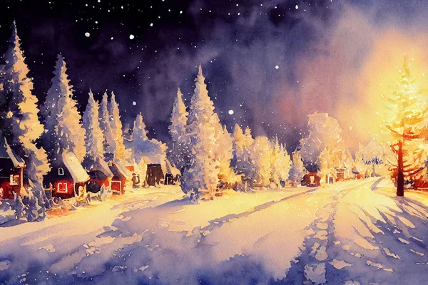 圣诞风景水彩旗 雪花飞舞背景 圣诞快乐夜壁纸 复古圣诞小镇 圣诞海报 — 图库照片