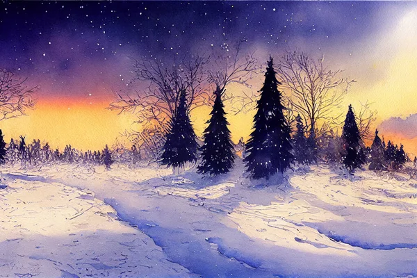 Paisaje Navidad Banner Acuarela Nieve Cayendo Copos Nieve Pie Página —  Fotos de Stock