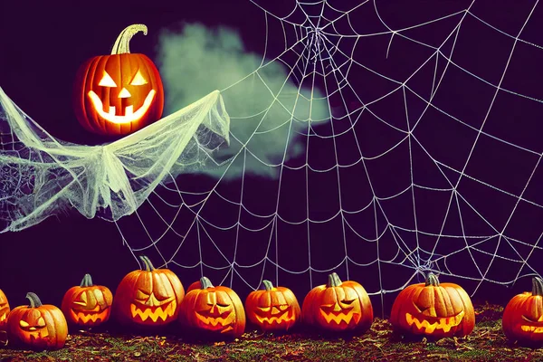 Spookachtige Halloween Bos Achtergrond Enge Pompoenen Scene Enge Griezelige Bos — Stockfoto